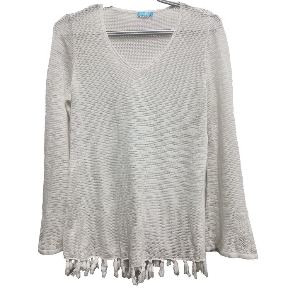 J. Mclaughlin Womens Sweater Small White Crochet Open Knit Fringe Hem Casual